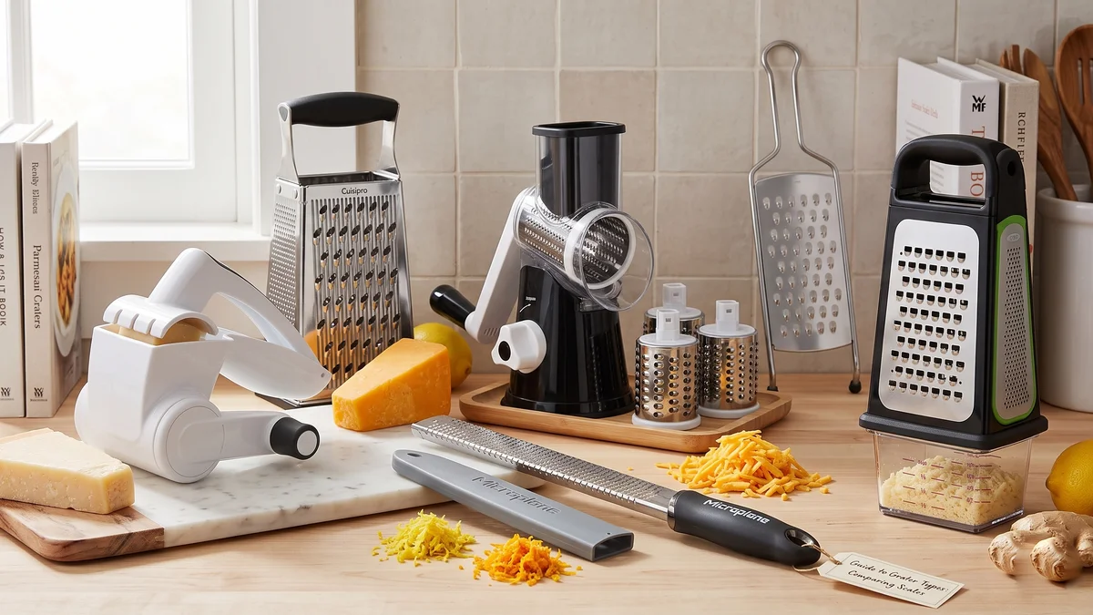 Box, rotary, paddle, and rasp cheese graters lined up on a kitchen counter with freshly grated cheddar and Parmesan