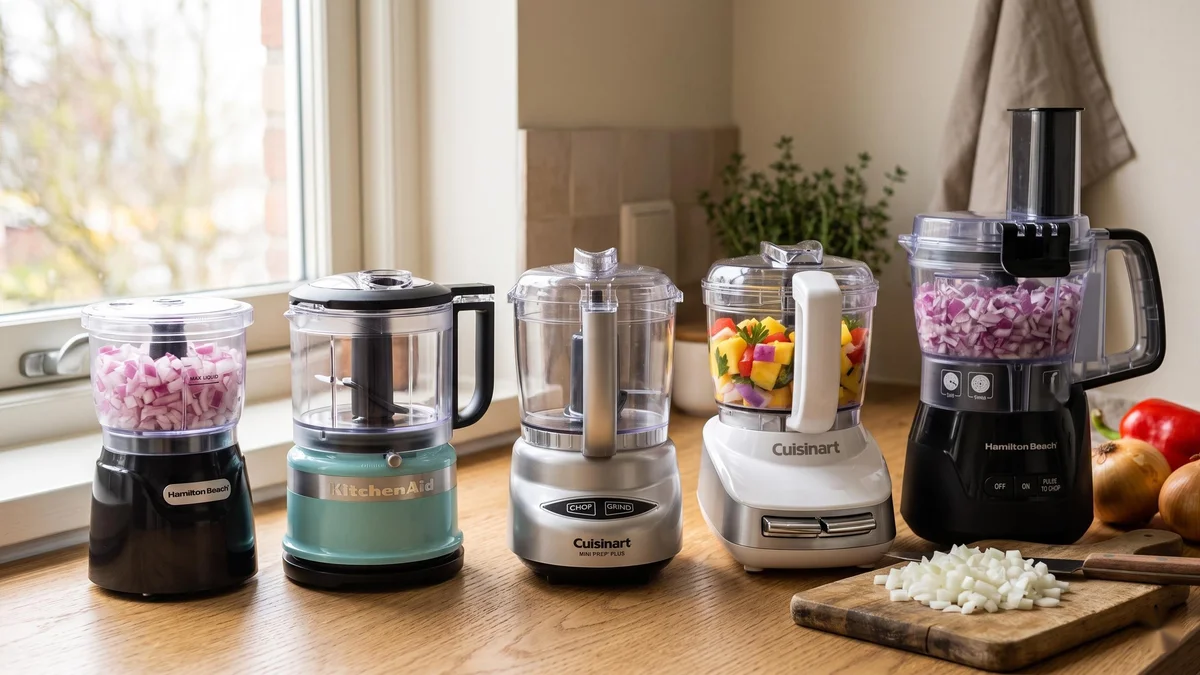 Five electric mini food processors lined up on a kitchen counter, bowls filled with chopped onion and peppers